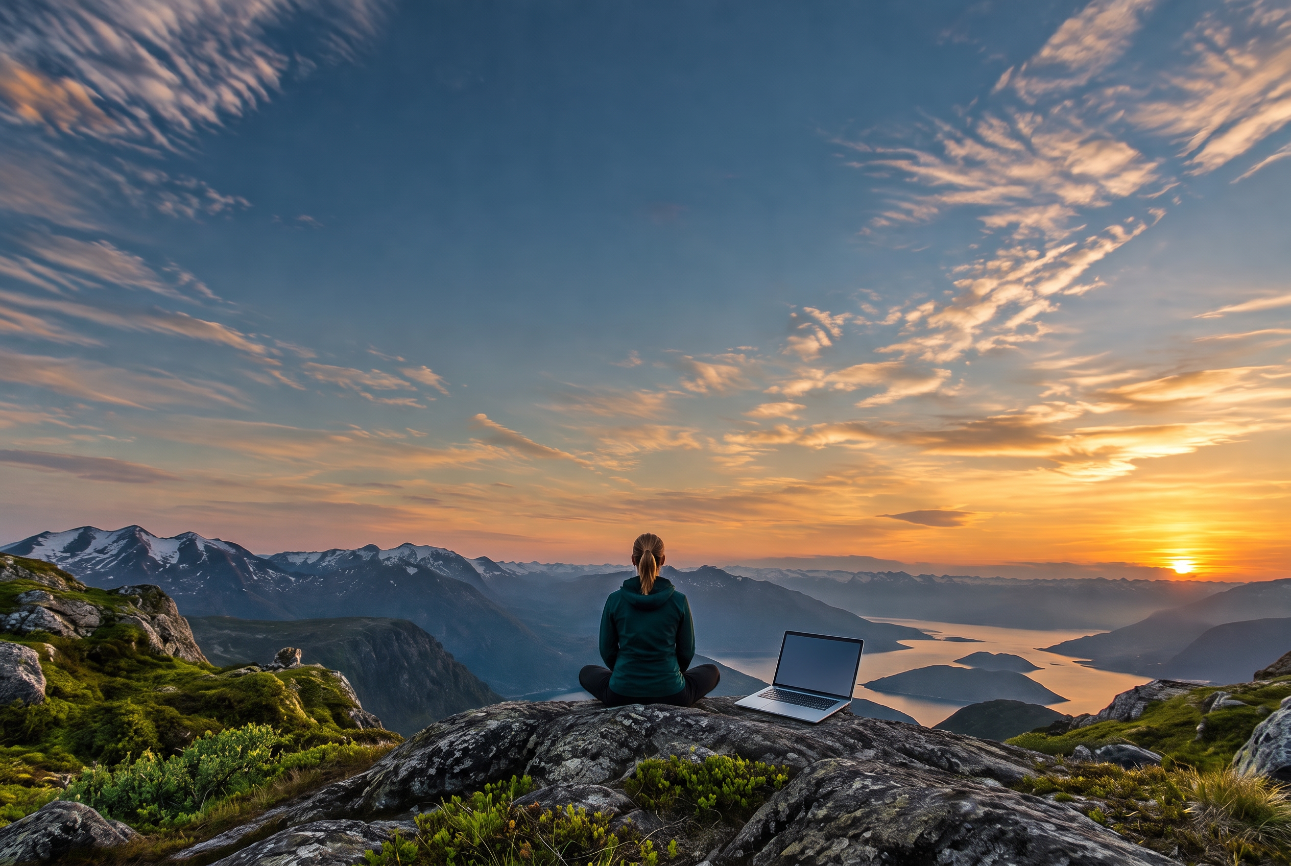 En kvinna mediterar på en grönskande bergstopp vid solnedgång med en laptop bredvid sig.